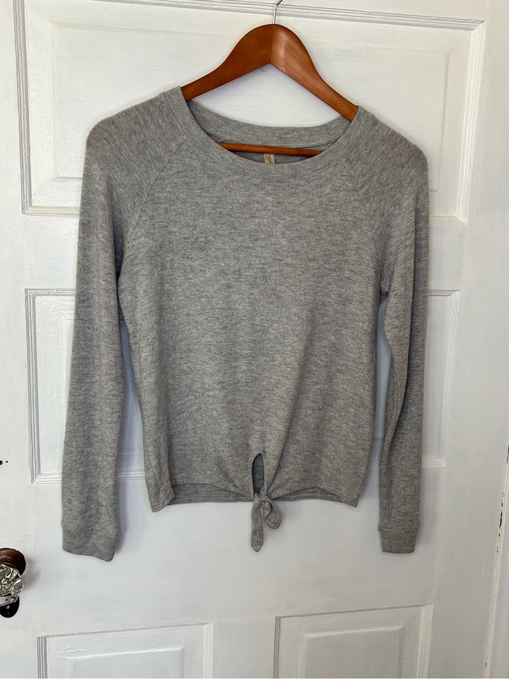 Live Love Dream Seriously Soft Knot-Front Crew Sweater in Light Gray